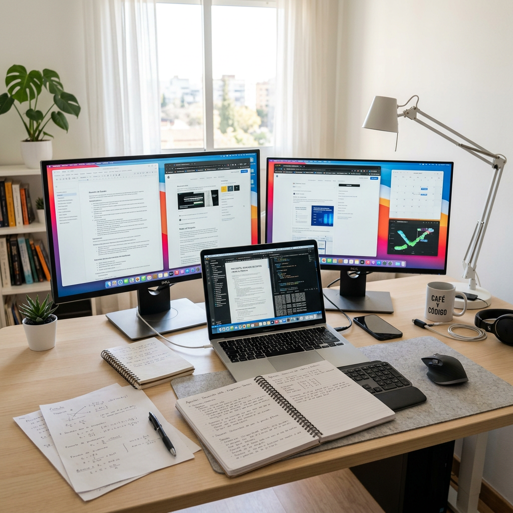 Home office desk with three monitors, laptop, notebooks, and plants