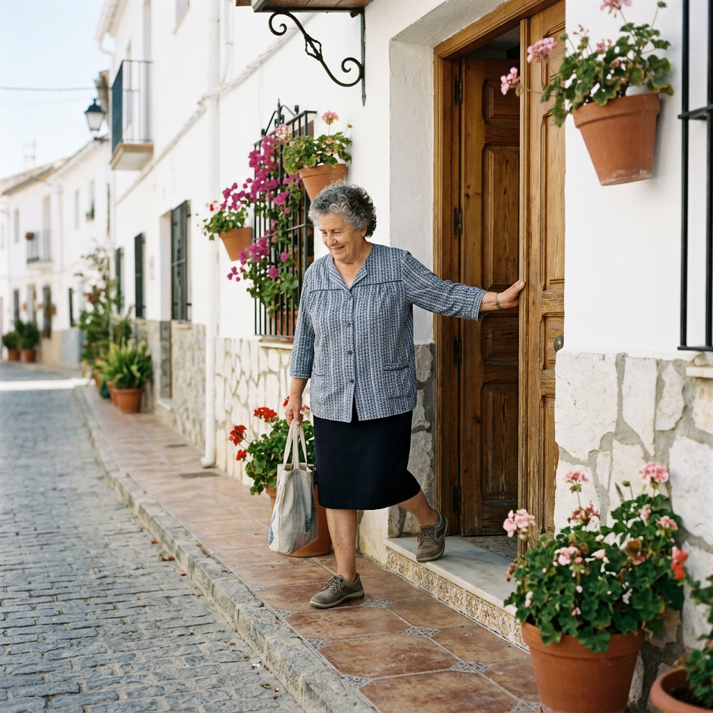 Older woman leaving a flower-filled whitewashed home with a shopping bag